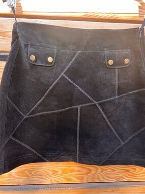 Black Suede Patchwork Mini Skirt with Gold Buttons